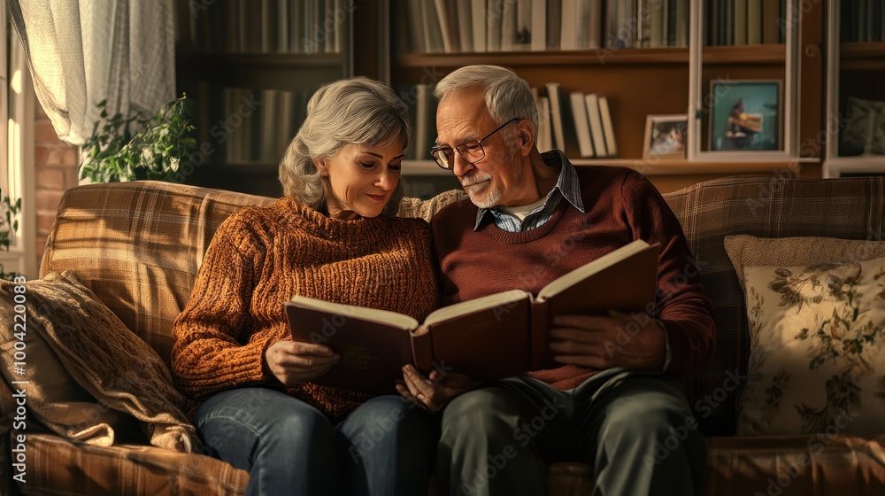 An elderly couple, a Caucasian man and woman, share a cozy moment reading together in their warmly decorated living room. An elderly couple, a Caucasian man and woman, share a cozy moment reading together in their warmly decorated living room.