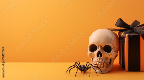 Obraz na płótnie A spooky Halloween greeting card layout with a clean copy space, spider crawling nearby, and a skull next to a festive gift box on a light orange background w salonie