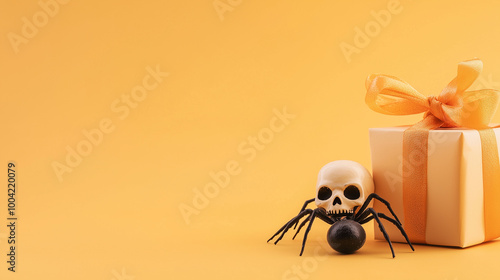 Obraz na płótnie A spooky Halloween greeting card layout with a clean copy space, spider crawling nearby, and a skull next to a festive gift box on a light orange background w salonie