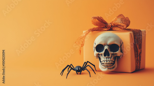 Obraz na płótnie A spooky Halloween greeting card layout with a clean copy space, spider crawling nearby, and a skull next to a festive gift box on a light orange background w salonie