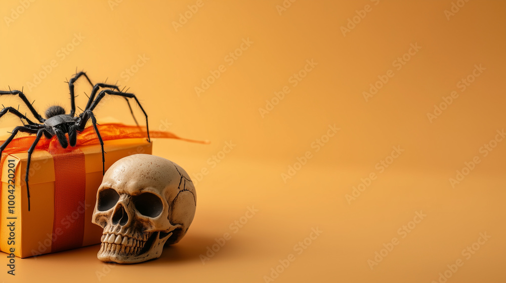 A spooky Halloween greeting card layout with a clean copy space, spider crawling nearby, and a skull next to a festive gift box on a light orange background
