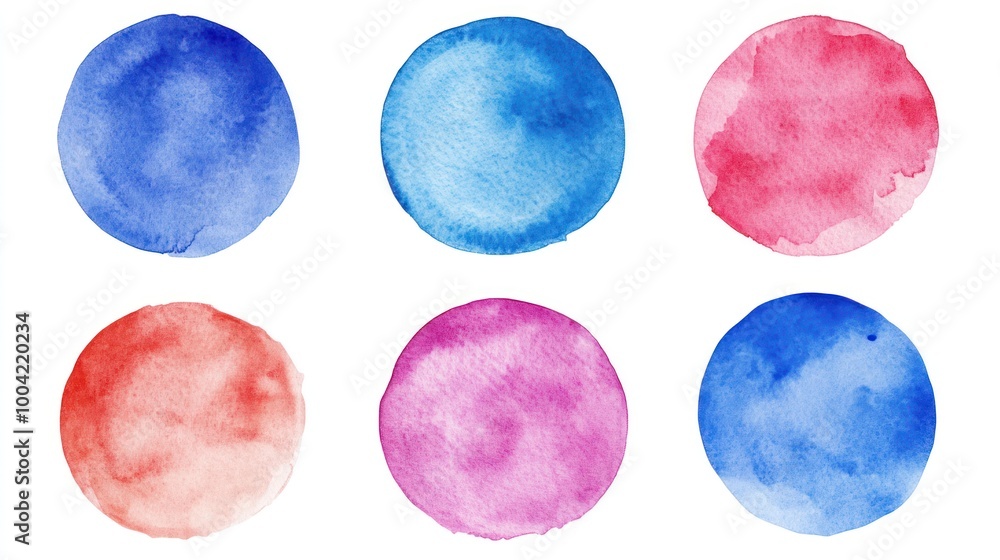 A vibrant set of six watercolor circles in various shades of blue, red, and pink, creating a harmonious and colorful composition. A vibrant set of six watercolor circles in various shades of blue, red, and pink, creating a harmonious and colorful composition.