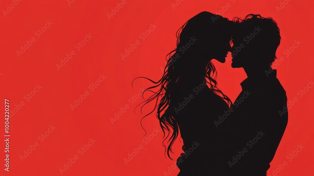 Silhouette of a couple embracing against a vibrant red background, symbolizing love and passion. Silhouette of a couple embracing against a vibrant red background, symbolizing love and passion.