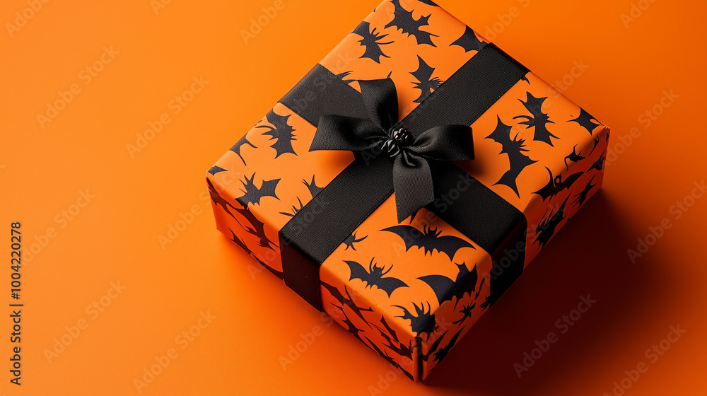 A spooky Halloween gift box with black bats and spiders, placed on a vivid orange background, perfect for celebrating both Halloween and Thanksgiving
