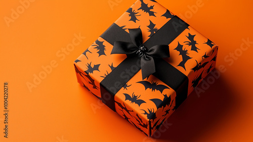 Obraz na płótnie A spooky Halloween gift box with black bats and spiders, placed on a vivid orange background, perfect for celebrating both Halloween and Thanksgiving w salonie