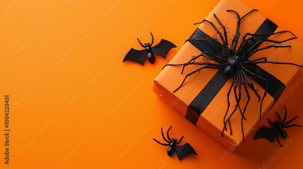 A spooky Halloween gift box with black bats and spiders, placed on a vivid orange background, perfect for celebrating both Halloween and Thanksgiving