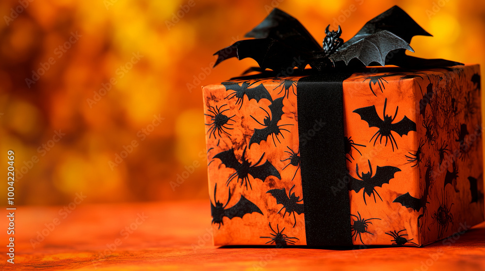 A spooky Halloween gift box with black bats and spiders, placed on a vivid orange background, perfect for celebrating both Halloween and Thanksgiving