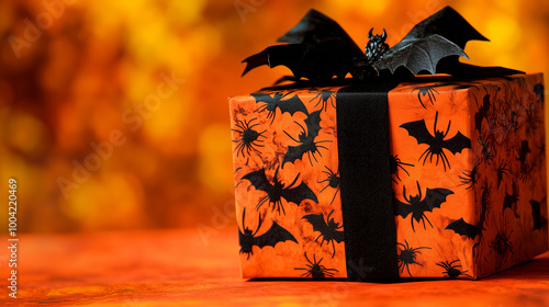 Obraz na płótnie A spooky Halloween gift box with black bats and spiders, placed on a vivid orange background, perfect for celebrating both Halloween and Thanksgiving w salonie