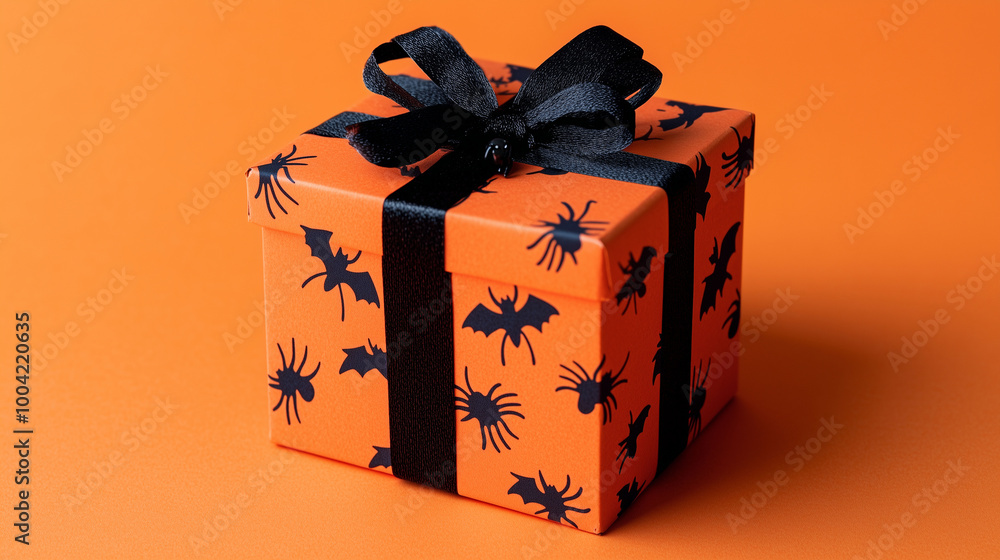 A spooky Halloween gift box with black bats and spiders, placed on a vivid orange background, perfect for celebrating both Halloween and Thanksgiving