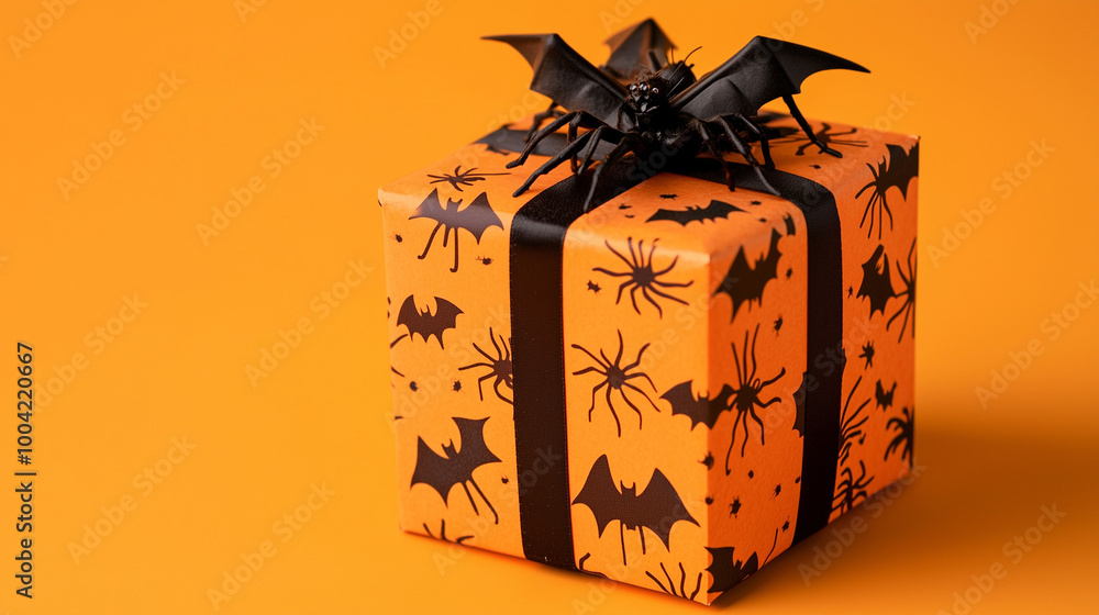 A spooky Halloween gift box with black bats and spiders, placed on a vivid orange background, perfect for celebrating both Halloween and Thanksgiving