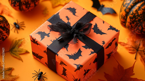 Obraz na płótnie A spooky Halloween gift box with black bats and spiders, placed on a vivid orange background, perfect for celebrating both Halloween and Thanksgiving w salonie
