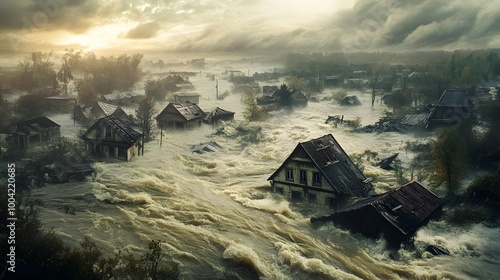 Aerial perspective capturing a rural village being consumed by a severe flood with structures partially or fully submerged overcast skies casting a somber tone