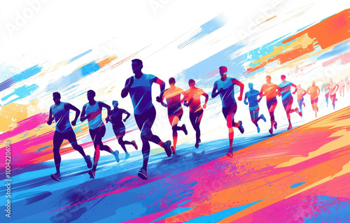 Dynamic illustration of runners in vibrant colors, showcasing movement and athleticism against a colorful abstract background.