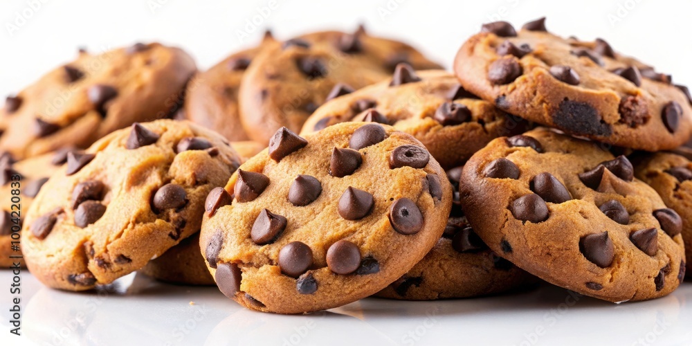 Close-up of chocolate chip morsels on white background for baking recipes and sweets Close-up of chocolate chip morsels on white background for baking recipes and sweets
