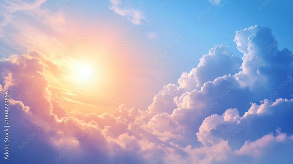 A breathtaking view of pastel clouds illuminated by the warm glow of a rising sun, evoking tranquility and hope. A breathtaking view of pastel clouds illuminated by the warm glow of a rising sun, evoking tranquility and hope.