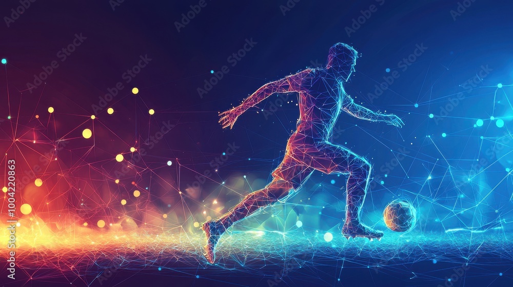 Naklejka premium Dynamic silhouette of a soccer player in action, surrounded by vibrant colors, illustrating motion and energy in sports.