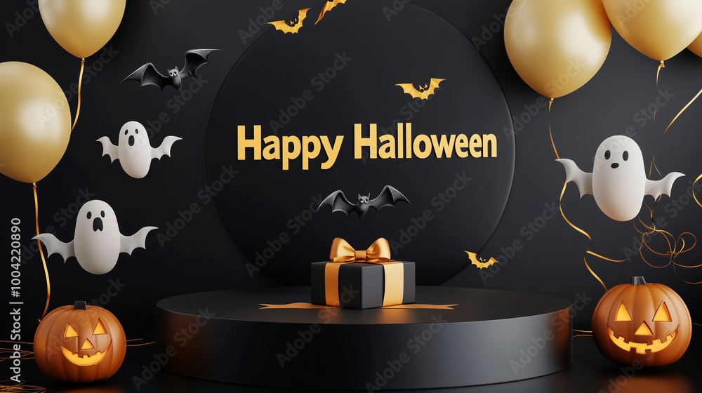 A sleek black round podium surrounded by floating ghost and bat balloons, a spooky gift box wrapped in a deep yellow ribbon, and a glowing Happy Halloween banner in bold text
