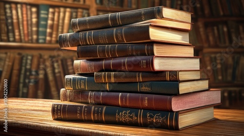 A stack of vintage leather-bound books resting on a wooden table, exuding an aura of knowledge and history.