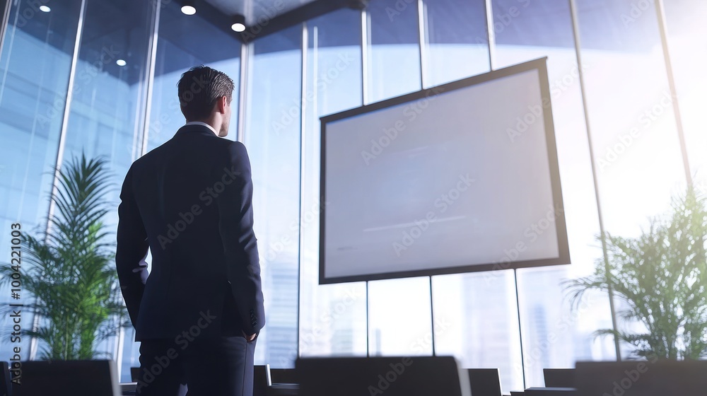 A businessman stands in a modern office, gazing at a large screen displaying information. A businessman stands in a modern office, gazing at a large screen displaying information.