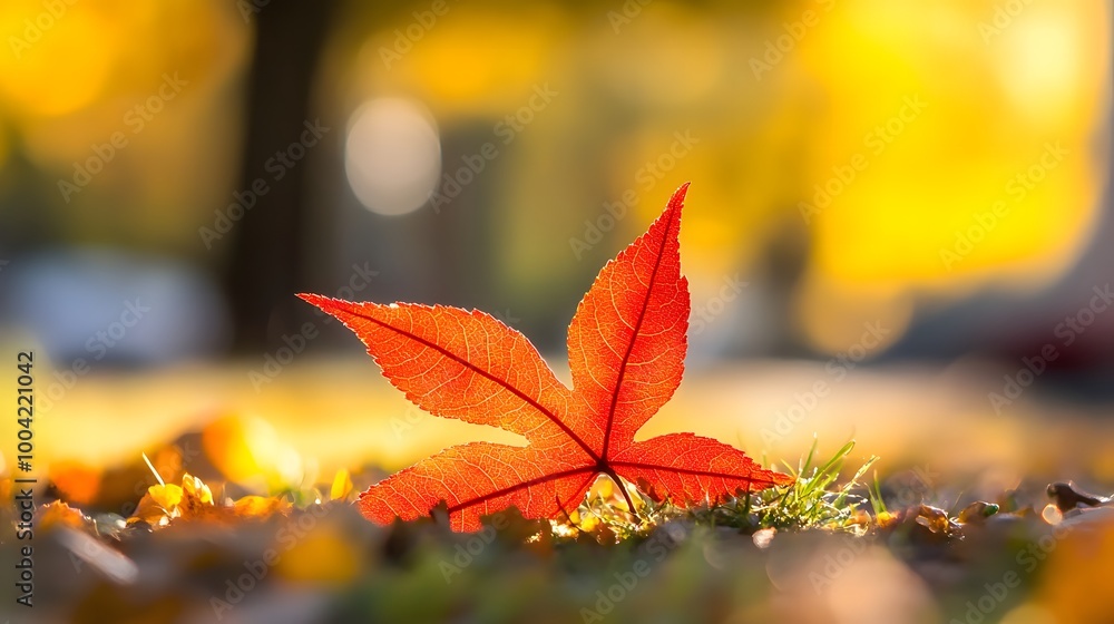 A close up of a vibrant red maple leaf resting on the ground A close up of a vibrant red maple leaf resting on the ground