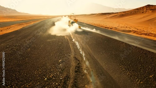 Road construction building desert infrastructure project development equipment machinery sand dunes asphalt heat wave safety traffic highway middle east africa urban plan truck works repair lane