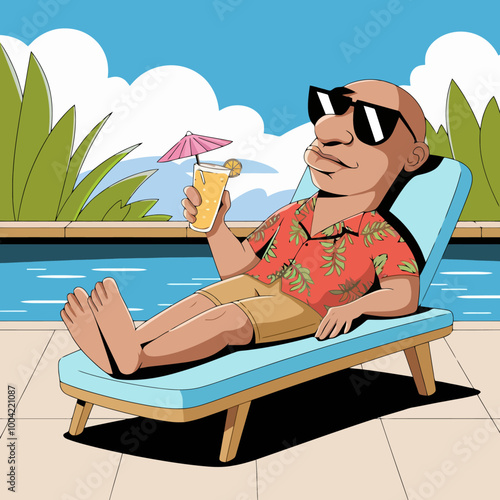 Relaxed man enjoying a drink by the pool.