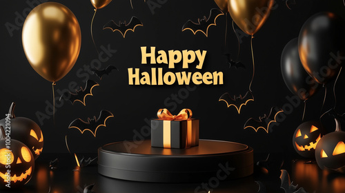 Obraz na płótnie A sleek black round podium surrounded by floating ghost and bat balloons, a spooky gift box wrapped in a deep yellow ribbon, and a glowing Happy Halloween banner in bold text w salonie