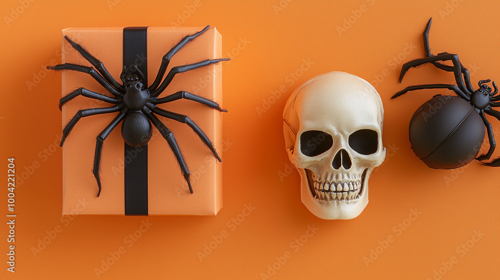 A simple Halloween greeting card template with spider, gift box, and skull arranged neatly on a light orange surface, ideal for copy space