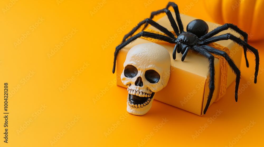 A simple Halloween greeting card template with spider, gift box, and skull arranged neatly on a light orange surface, ideal for copy space