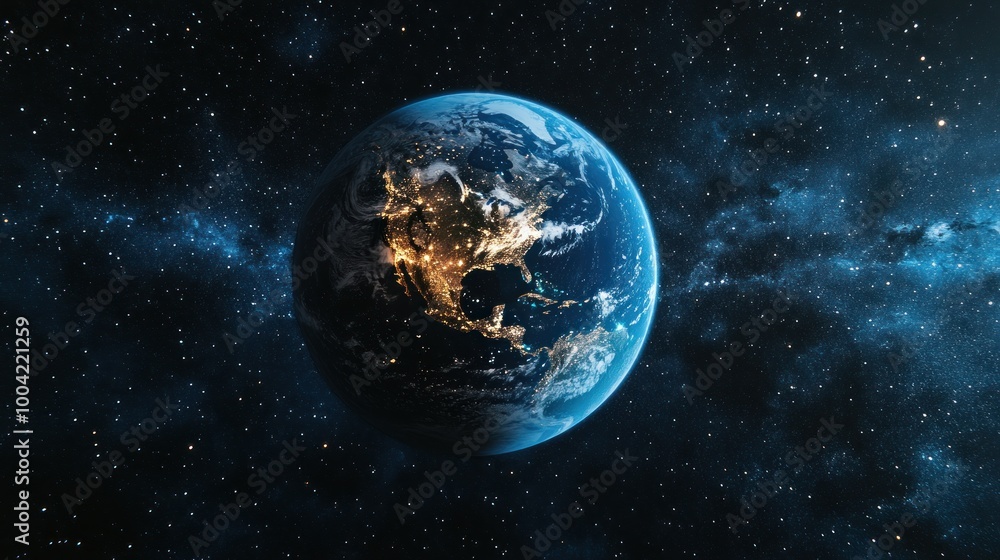 A stunning view of Earth from space, showcasing vibrant city lights against a backdrop of stars. A stunning view of Earth from space, showcasing vibrant city lights against a backdrop of stars.