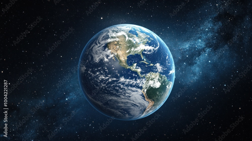 A stunning view of Earth from space, showcasing vibrant oceans and landmasses surrounded by stars. A stunning view of Earth from space, showcasing vibrant oceans and landmasses surrounded by stars.