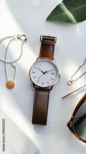 Elegant Watch on Flat Lay Background with Accessories photo