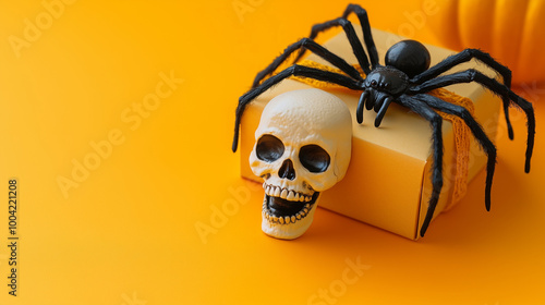Obraz na płótnie A simple Halloween greeting card template with spider, gift box, and skull arranged neatly on a light orange surface, ideal for copy space w salonie