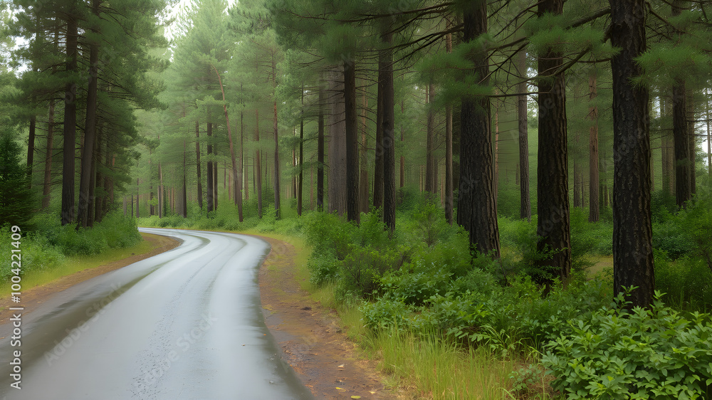Obraz premium Serene Curved Road Through Lush Green Forest