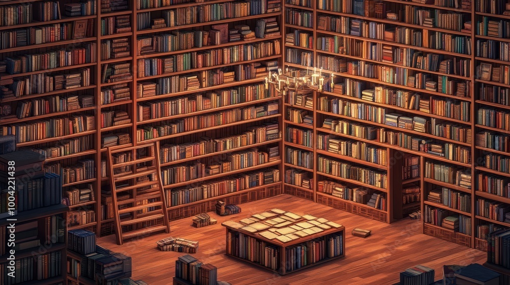 A cozy, animated library filled with books, featuring a central table and warm chandelier light creating an inviting atmosphere. A cozy, animated library filled with books, featuring a central table and warm chandelier light creating an inviting atmosphere.