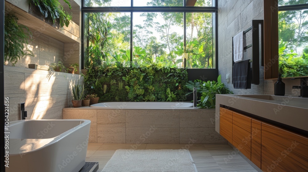 Modern Bathroom with Natural Light and Greenery. Modern Bathroom with Natural Light and Greenery.