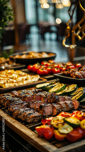Exquisite Buffet Display with Grilled Steak and Roasted Vegetables in Elegant Hotel Dining Setting