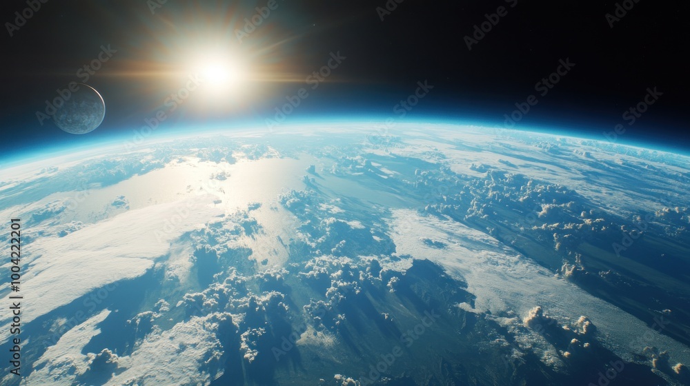 Fototapeta premium A breathtaking view of Earth from space, showcasing brilliant blue oceans, clouds, and the sunrise illuminating the horizon.