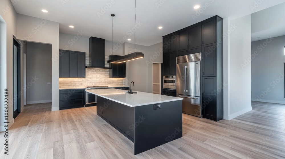 Modern Kitchen Island With Black Cabinets and White Countertop. Modern Kitchen Island With Black Cabinets and White Countertop.
