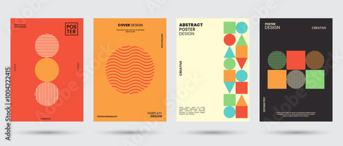 Abstract collection of geometric shapes backgrounds. Brutal contemporary figure circle oval wave patterns. Vintage color, cover, groovy, trippy, decoration, geometric, banner. Swiss design aesthetic