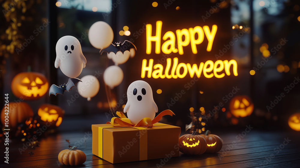 A Halloween-themed podium with floating ghost and bat-shaped balloons, a deep yellow ribbon-tied gift box, and a luminous Happy Halloween sign in the background