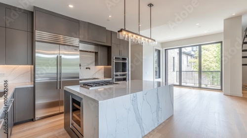 Modern Kitchen Island with Marble Countertop and Stainless Steel Appliances.