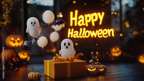 Obraz na płótnie A Halloween-themed podium with floating ghost and bat-shaped balloons, a deep yellow ribbon-tied gift box, and a luminous Happy Halloween sign in the background w salonie