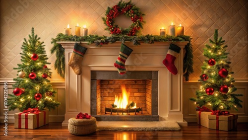 Cozy and Warm Fireplace with Wreath and Stockings on Mantel in Lit Room