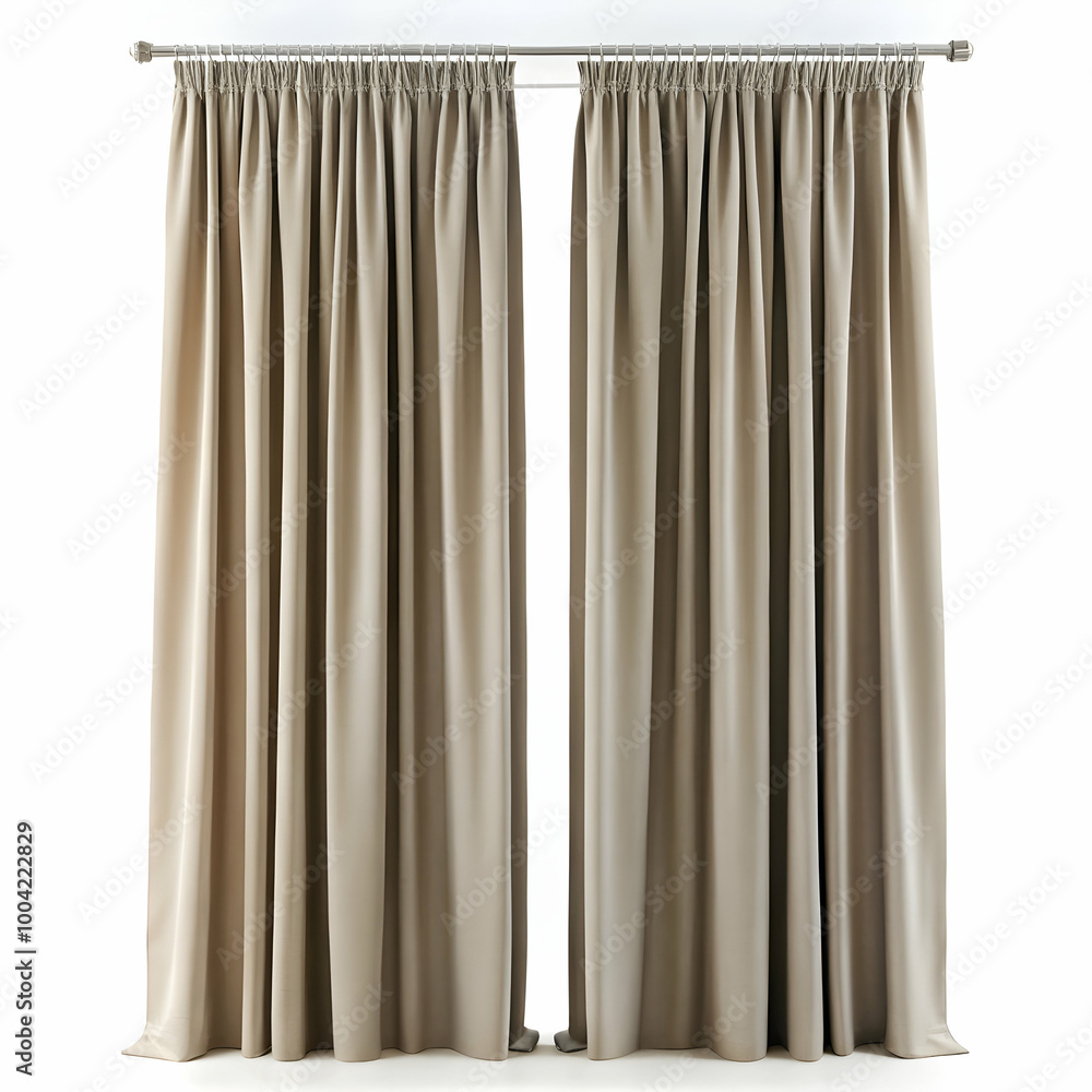 Beige curtains with pleats hanging on a window Beige curtains with pleats hanging on a window