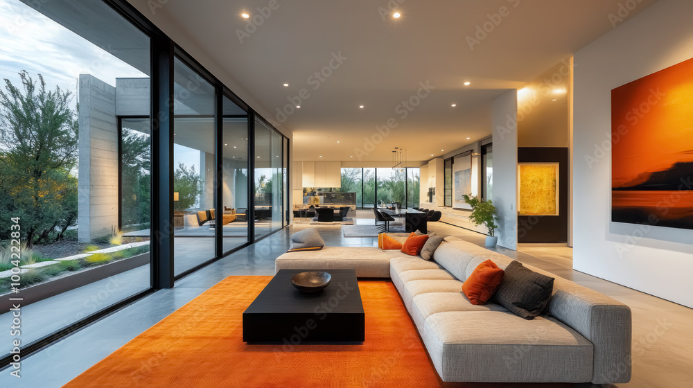 Naklejka premium Luxurious Modern Home Interior with Seamless Indoor Outdoor Design