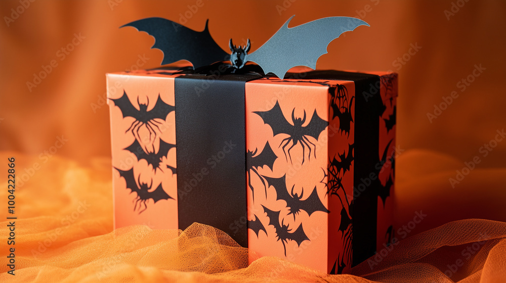 A Halloween-themed gift box decorated with black bats and spiders, set on an orange backdrop, perfect for spooky celebrations