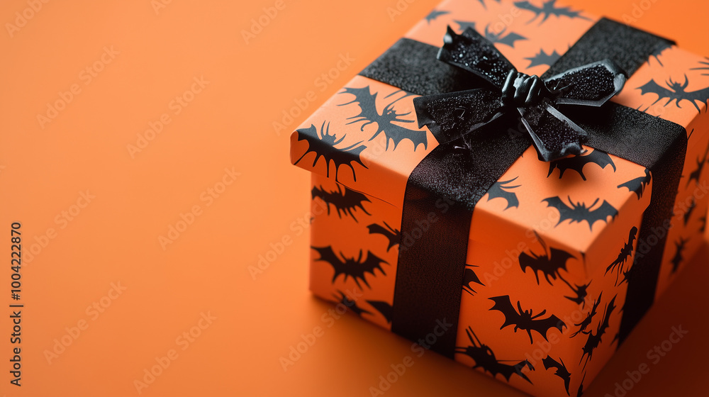 A Halloween-themed gift box decorated with black bats and spiders, set on an orange backdrop, perfect for spooky celebrations