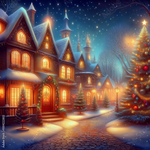 A fairy-tale illustration with a beautifully decorated Christmas tree standing among the houses. Christmas background, illustration.