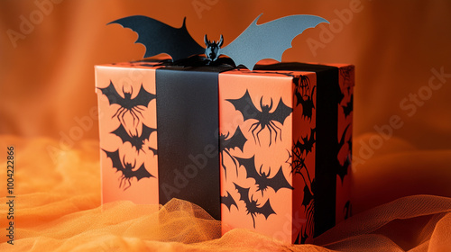 Obraz na płótnie A Halloween-themed gift box decorated with black bats and spiders, set on an orange backdrop, perfect for spooky celebrations w salonie